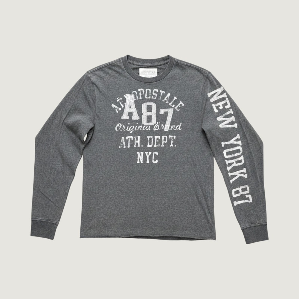 Aeropostale A87 Mens XL Long Sleeve Graphic T-Shirt Gray Ath Dept NYC Distressed